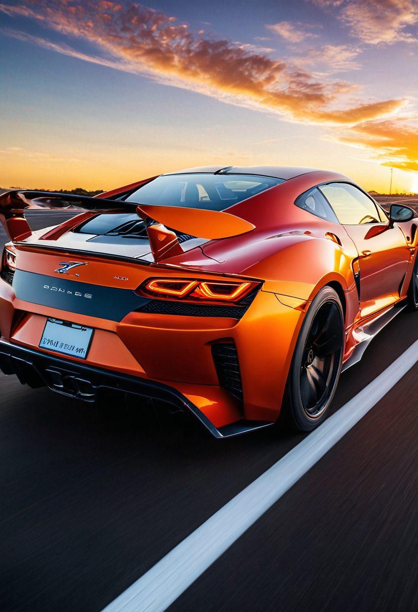 A dynamic scene showcasing a car with a roaring engine, surrounded by sound waves illustrated as colorful vibrations emanating from the exhaust. The background depicts a racetrack under a bright sunset, emphasizing speed and performance. Include close-up details of the car's exhaust system and speaker components to highlight audio enhancements. super-realistic. vibrant colors. motion blur.