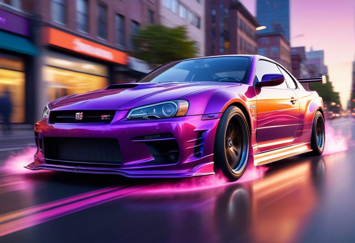 A dynamic scene of a modified car in action, showcasing gleaming custom car parts under a hood while emitting powerful engine sounds. The background features a vibrant city skyline at sunset, filled with energetic motion blur effects. Include colorful soundwave graphics emanating from the exhaust, emphasizing an optimized engine sound. super-realistic. vibrant colors. 3D.