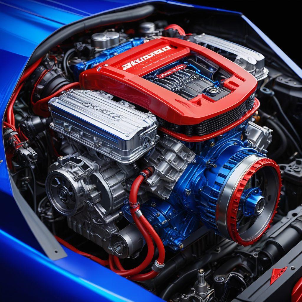 A high-performance motor with intricate details, showcasing vibrant metallic colors to emphasize its power. Surrounding the motor, sound waves visually emanate in dynamic patterns, highlighting the roar effect. Set against a backdrop of a racetrack with blurred motion to suggest speed and performance. Include tools and gear around it to symbolize optimization techniques. super-realistic. vibrant colors. dynamic composition.